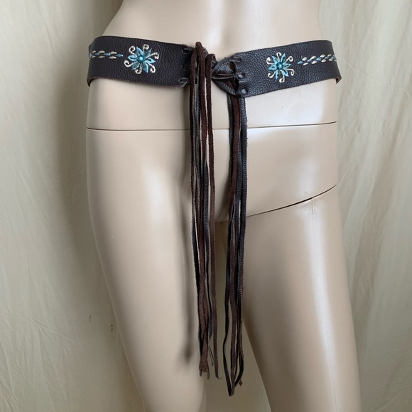 Artisan soft chocolate leather floral embroidered indie festival fringe belt main image 5